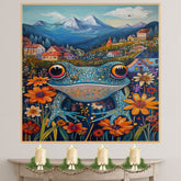 Colorful Whimsical Frog in Flower Field Vibrant Hand Painted Art Joyful Mountain Village Scene Perfect for Home Wall Decor Living Room Bedroom or Gift on Ready to Hang 1.5" Thick Canvas Wrap, Floating Framed Canvas, Flat Rolled Canvas
